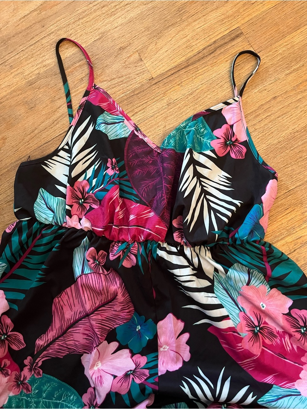 SHEIN Black Floral Wide-Leg Tropical Jumpsuit with Pink & Teal Accents - Picture 3 of 5